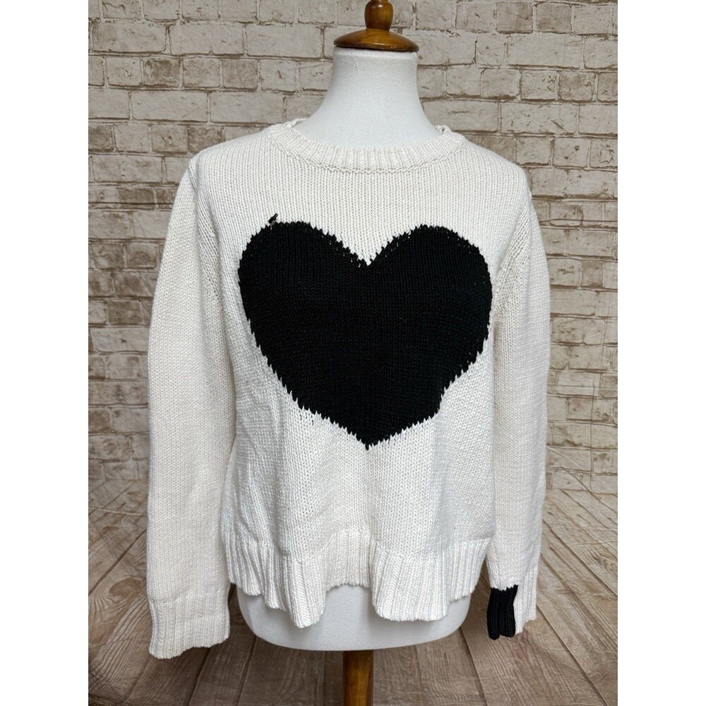 LISA TODD m Heart Crew Neck Sweater White Black ‎ Pull Over Cutsey